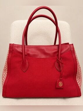 Tory Burch Red Savannah Print Canvas Totes Featuring Red Leather Trim